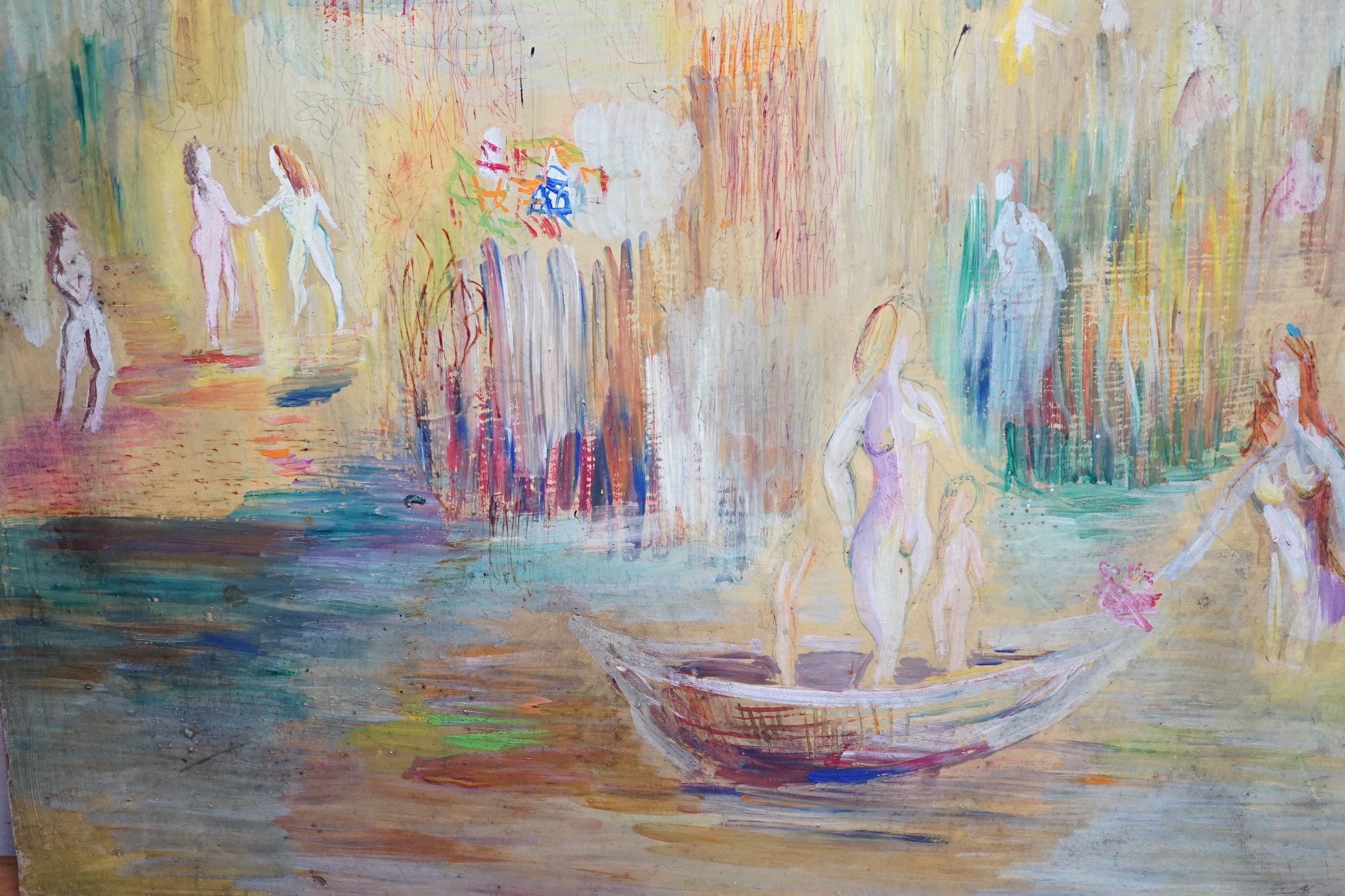 Pinder, three oils, 'Nudes bathing', 'Park scene' and 'Fireworks at night', signed, largest 60 x 91cm (a.f.)
